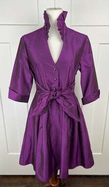 Flores & Flores 100% Silk Purple Fit Flare Dress 8 Ruffle Collar Sash Cocktail